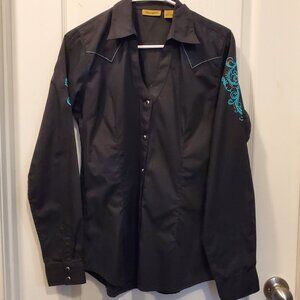 Wrangler Women's Black & Turquoise Embroidered Western Snap Shirt -M